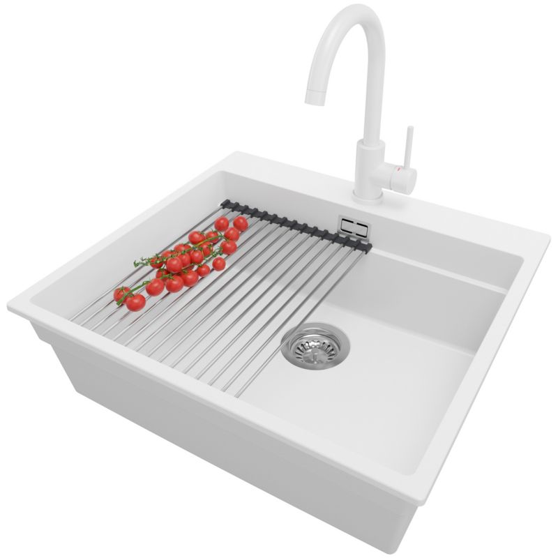 Zlewozmywak Granitowy Oslo Max PRIMAGRAN Nablatowy 58x53cm do szafki od 60cm, Biały + Bateria + Syfon + Akcesorium, S162, 1 szt.