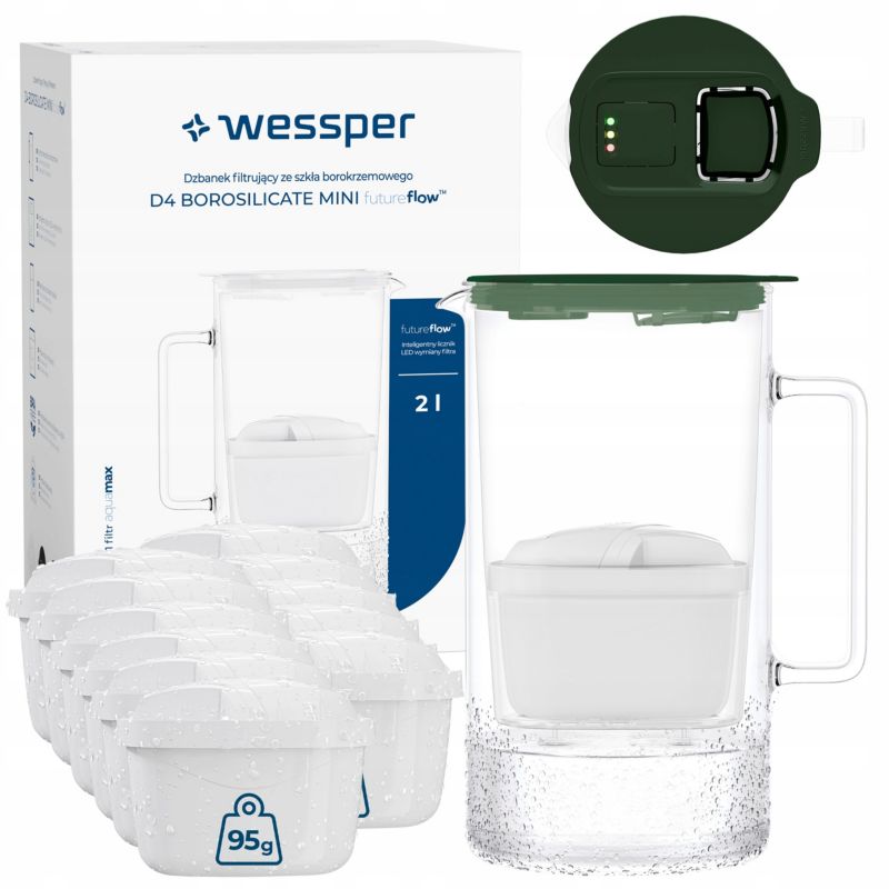 Dzbanek filtrujący wodę, Wessper D4 BOROSILICATE, szklany, licznik LED, 2 l, BPA Free, zestaw 12 filtrów Aquamax, zielony, 13szt