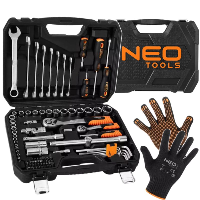 Klucze nasadowe NEO TOOLS 1/2" 1/4" klucze płasko-oczkowe 100 szt. z rękawicami 1 kpl