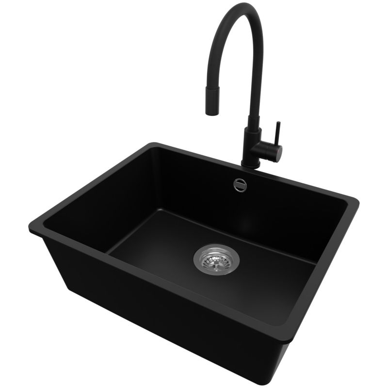 Zlewozmywak Granitowy Wenecja Slim Easy PRIMAGRAN Nablatowy 56x44cm do szafki od 60cm, Czarny + Bateria + Syfon, S087, 1 szt.