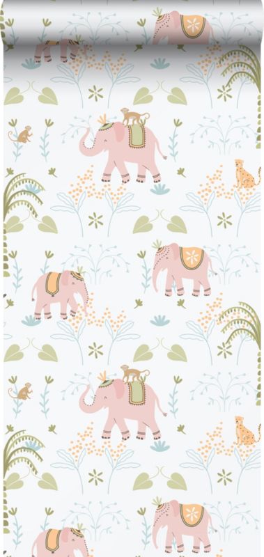 Tapeta Sanders & Sanders słonie różowym,zielonymIbiałym 53 cm x 10.05 m - 1 rol.