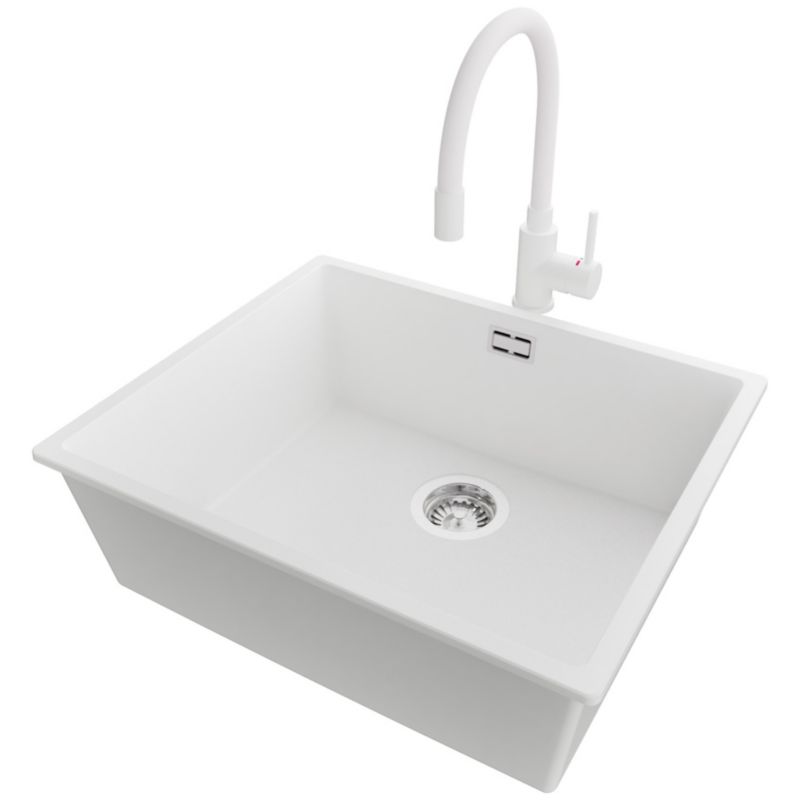 Zlewozmywak Granitowy Londyn Slim PRIMAGRAN Nablatowy 56x47cm do szafki od 60cm, Biały + Bateria 38x14cm + Syfon, S325, 1 szt.