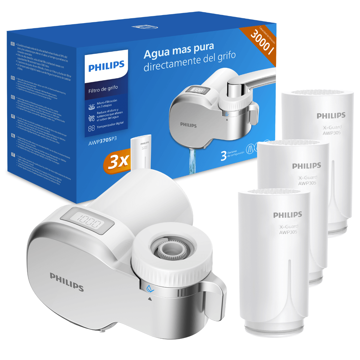 PHILIPS AWP3705P3 filtr wody na kran z wyświetlaczem i licznikiem. 3 wkłady filtrujące w zestawie.