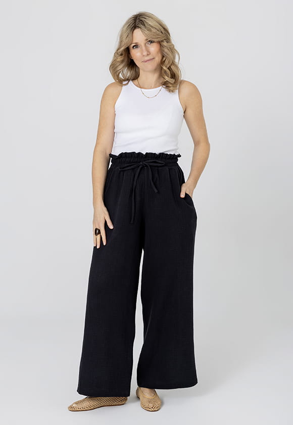 Lillow - Przewiewne SPODNIE Damskie TOSS z muślinu - czarne, krótsze - Materiał bawełna - Uszyto w Polsce