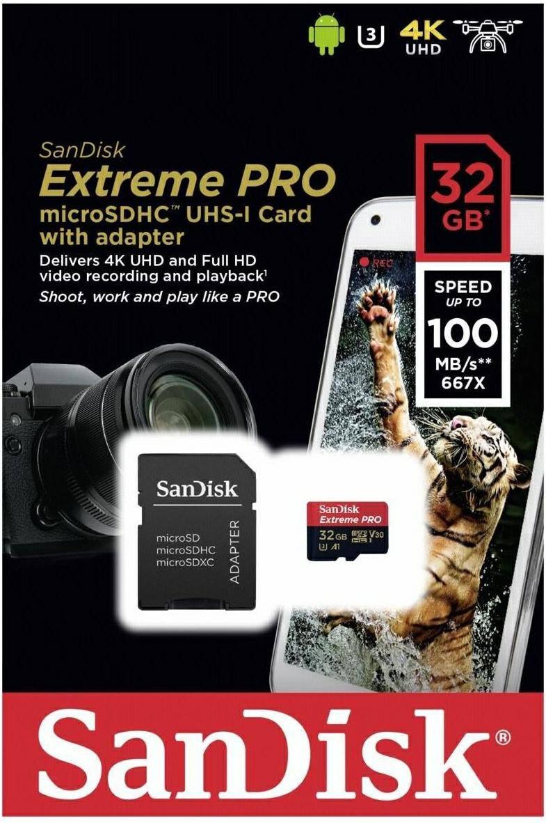 SanDisk Micro SDHC 32GB 100/90MB EXTREME SDSQXCG-032G-GN6MA c10 A2 V30 U3 100/90MB EXTREME PRO 4K - Henryx24