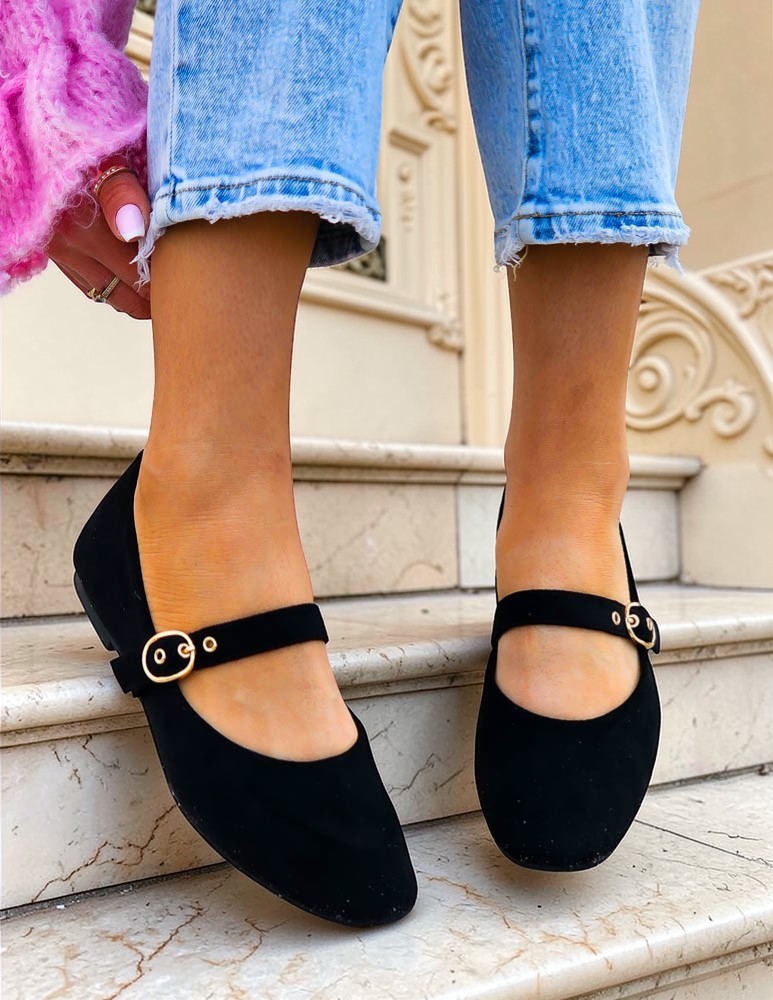 Czarne Zamszowe Baleriny Połbuty z Paskiem Eliss