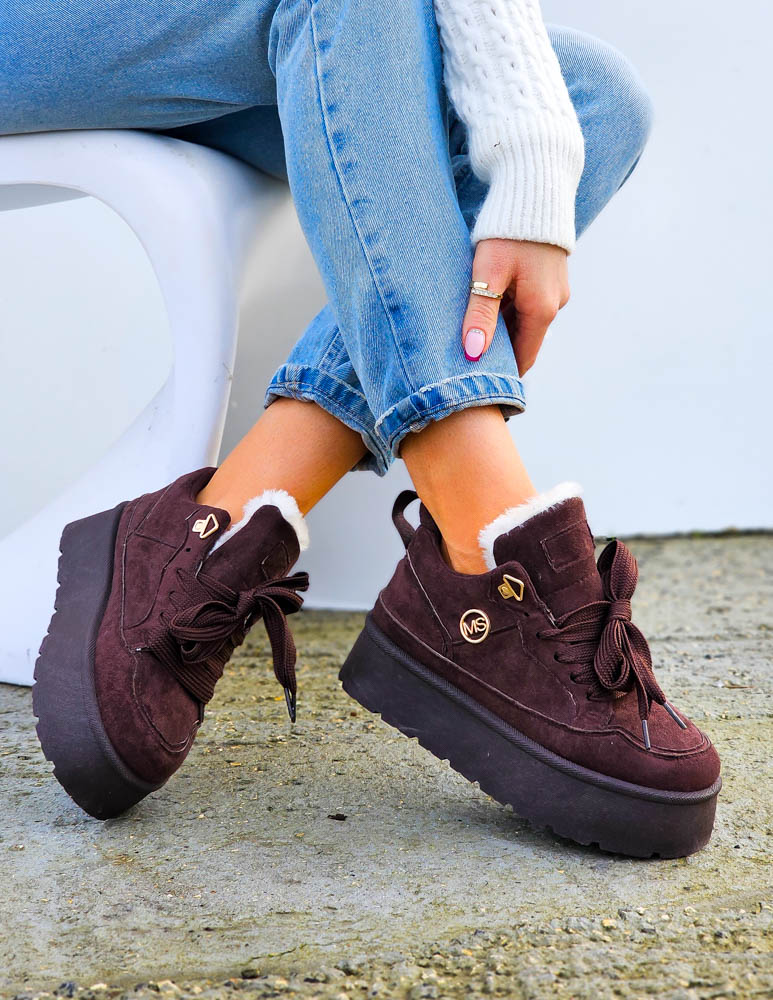 Czekoladowe Buty Sportowe Botki z Kożuszkiem