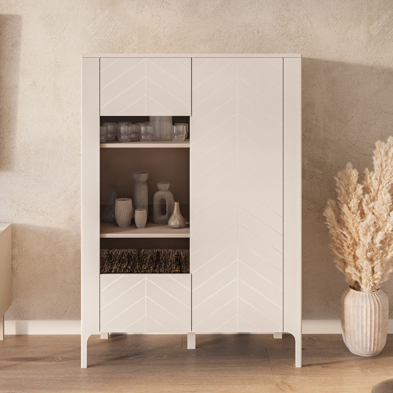 Witryna szeroka 103 cm do salonu przeszklona MELLIS kaszmir dwudrzwiowa