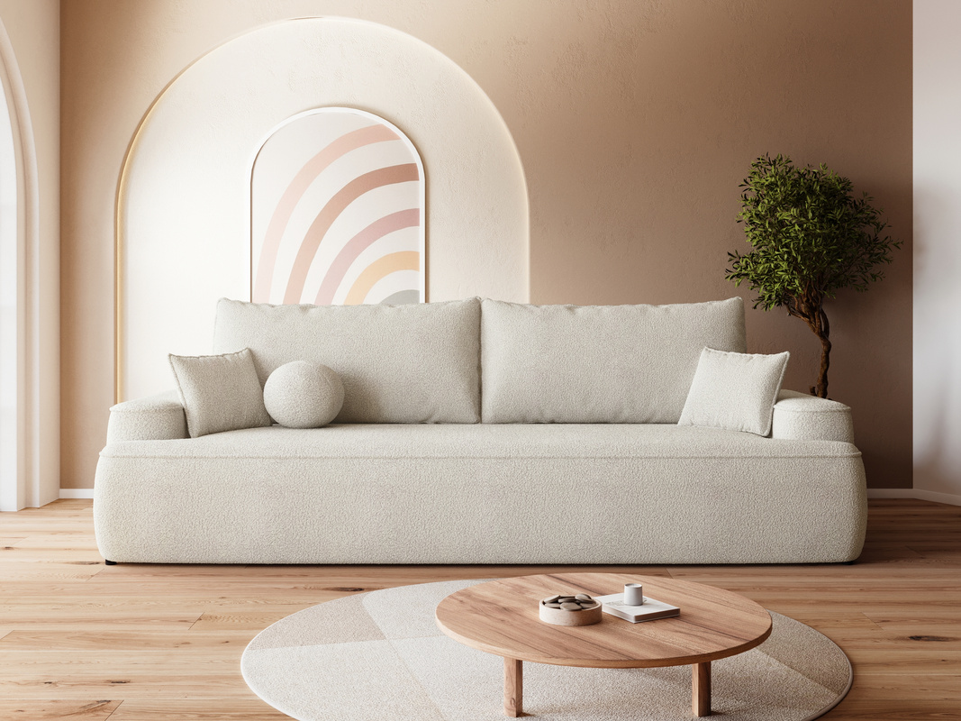 Rozkładana sofa z funkcją spania i pojemnikiem CARMELLO boucle