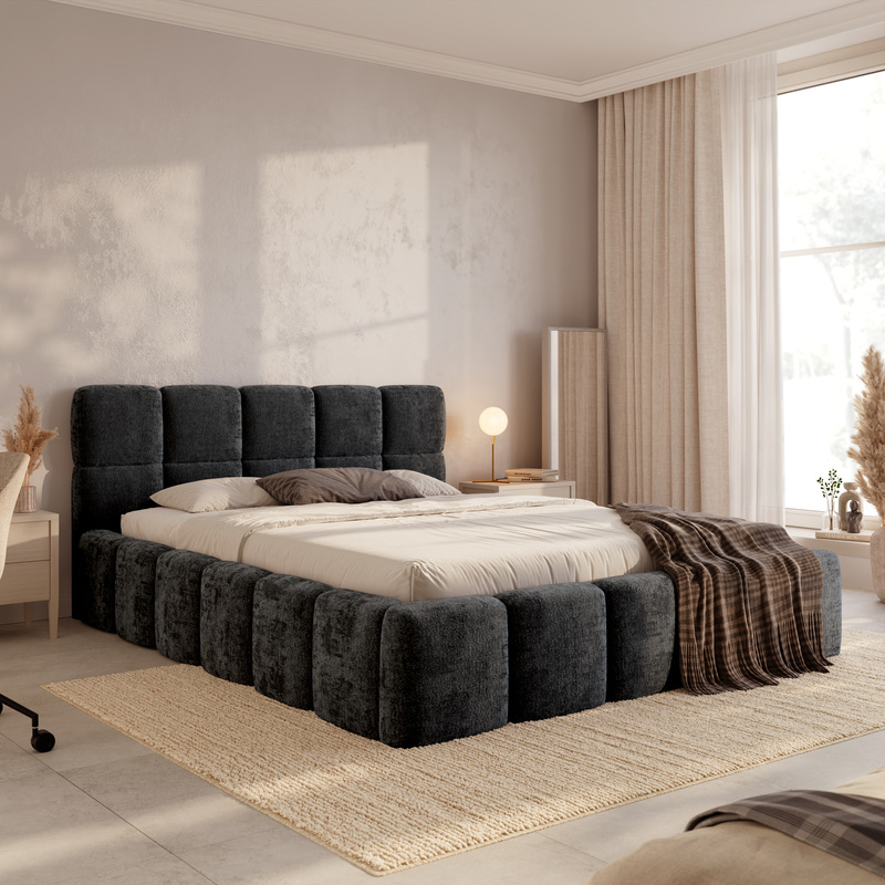 Czarne łóżko tapicerowane 140x200 do sypialni z pojemnikiem CUDDY