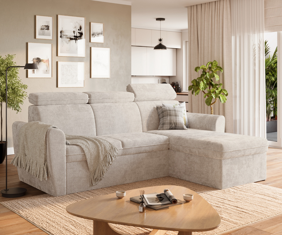 Beżowy narożnik z funkcją spania i pojemnikiem EVRON