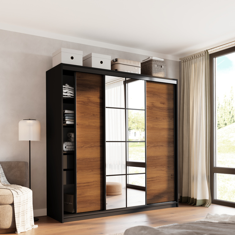 Szafa przesuwna z lustrem 200 cm do sypialni EDGE orzech