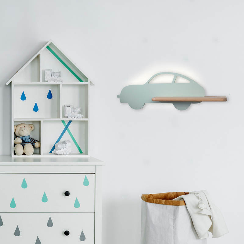 Zielony kinkiet ścienny z półką do pokoju dziecięcego IQ Kids Car MDF