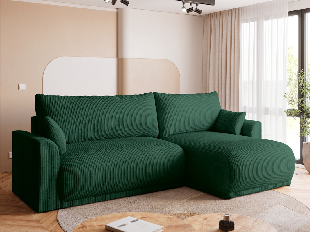 Zielona rogówka do salonu z funkcją spania i pojemnikiem MORENO