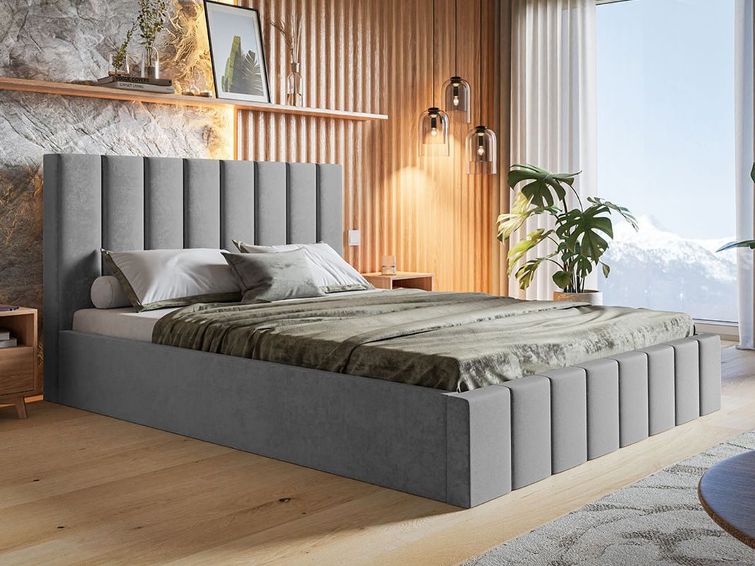 Dwuosobowe łóżko tapicerowane 140x200 cm ze stelażem i pojemnikiem PASOT