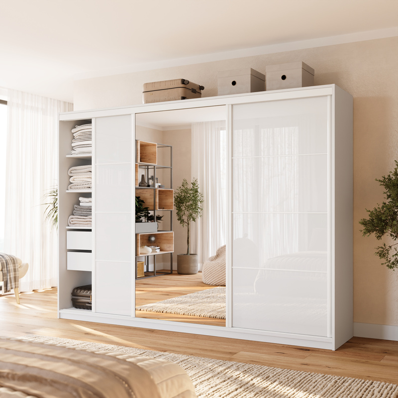 Szafa przesuwna z lustrem 280 cm do sypialni VITA biały połysk