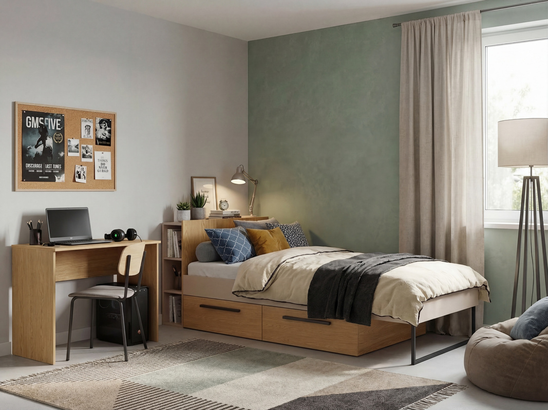 Łóżko do pokoju młodzieżowego 90x200 z pojemnikiem na pościel i półkami LUMI