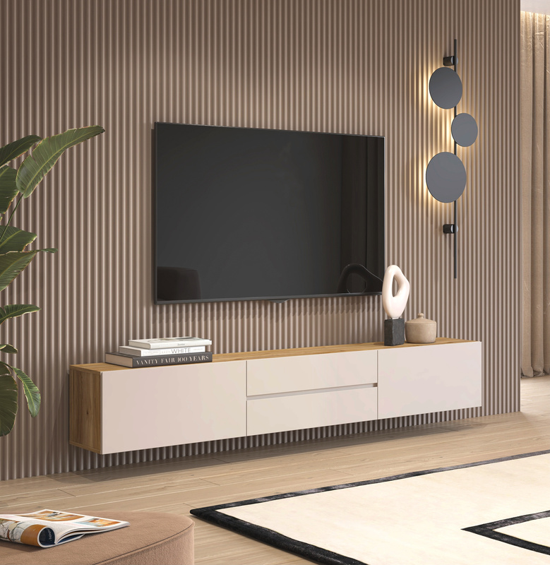 Szafka RTV wisząca 200 cm z szufladami i półkami CRISS kaszmir