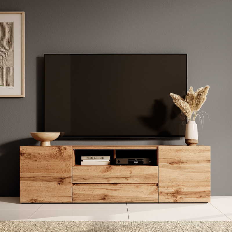 Pojemna dwudrzwiowa szafka rtv 137 cm z szufladami do salonu dąb wotan SENZO