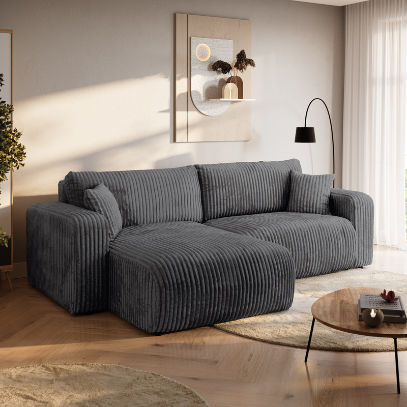 Sztruksowy narożnik rozkładany z funkcją spania i pojemnikiem TILIO szary