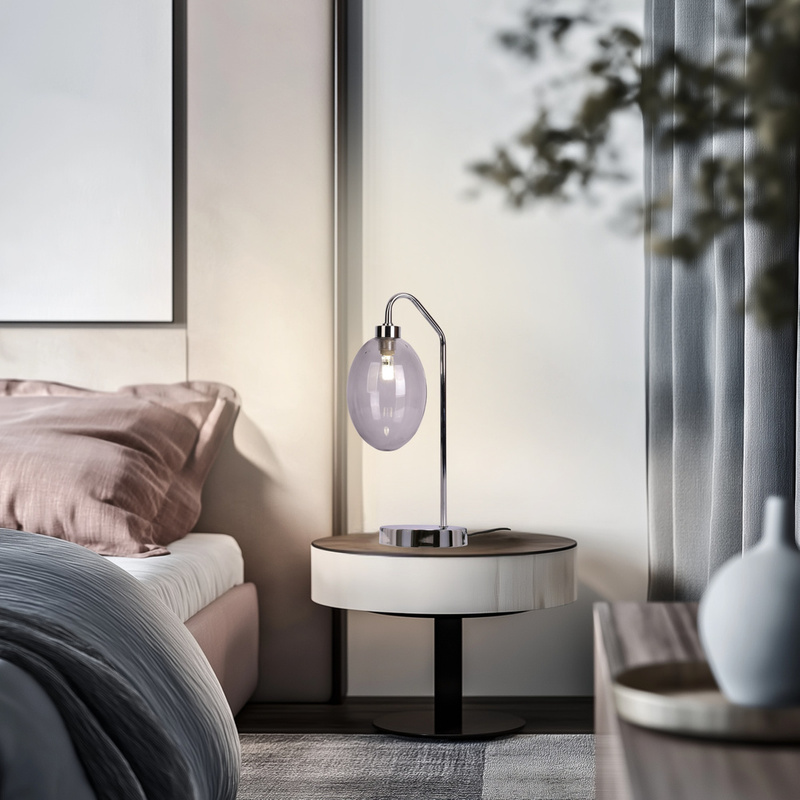 Chromowana lampka stołowa z kloszem szklanym szarym do sypialni LUKKA