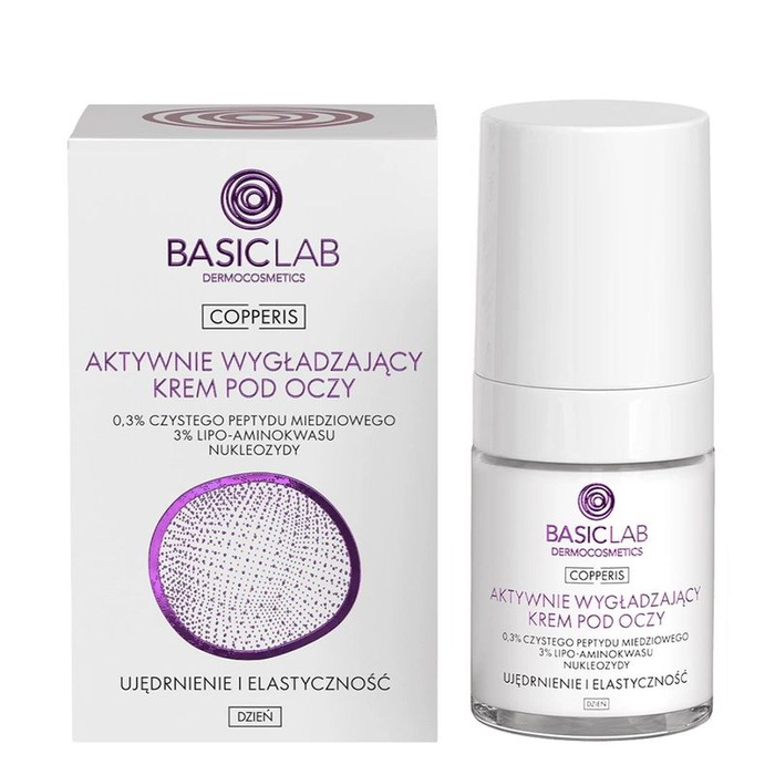 BasicLab Aktywnie wygładzający krem pod oczy na dzień 0,3% czystego peptydu miedziowego, Ujędrnienie i Elastyczność, 18 ml