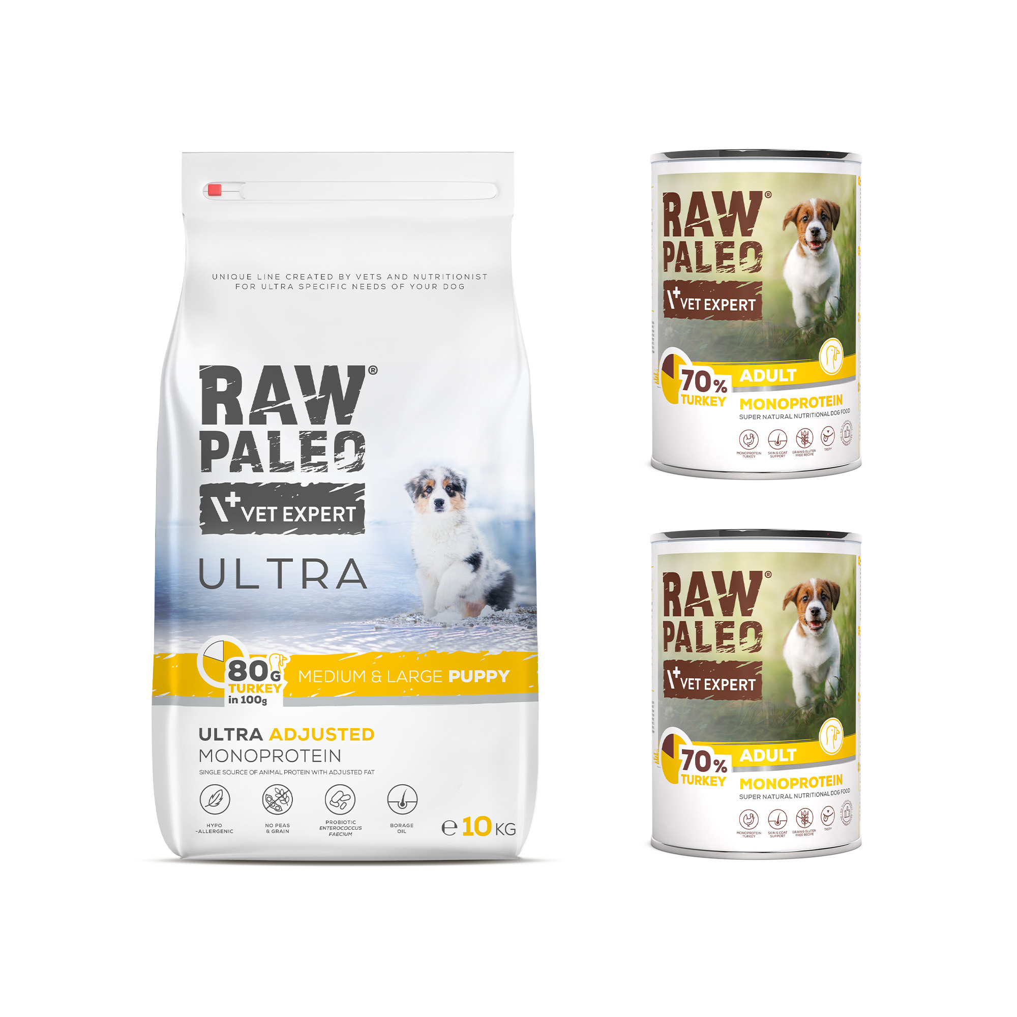 RAW PALEO Ultra Turkey Puppy Medium & Large | Zestaw 10kg + 2x400g | Indyk