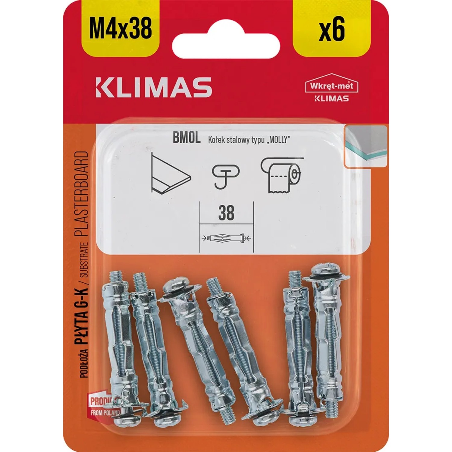 Wkręt-met Kołek stalowy typu molly 4 mm x 38 mm