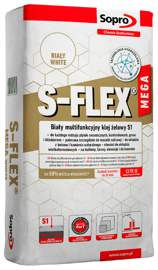 Klej do płytek biały Sopro S-Flex Mega White C2TE S1 wysokoelastyczny 22,5 kg