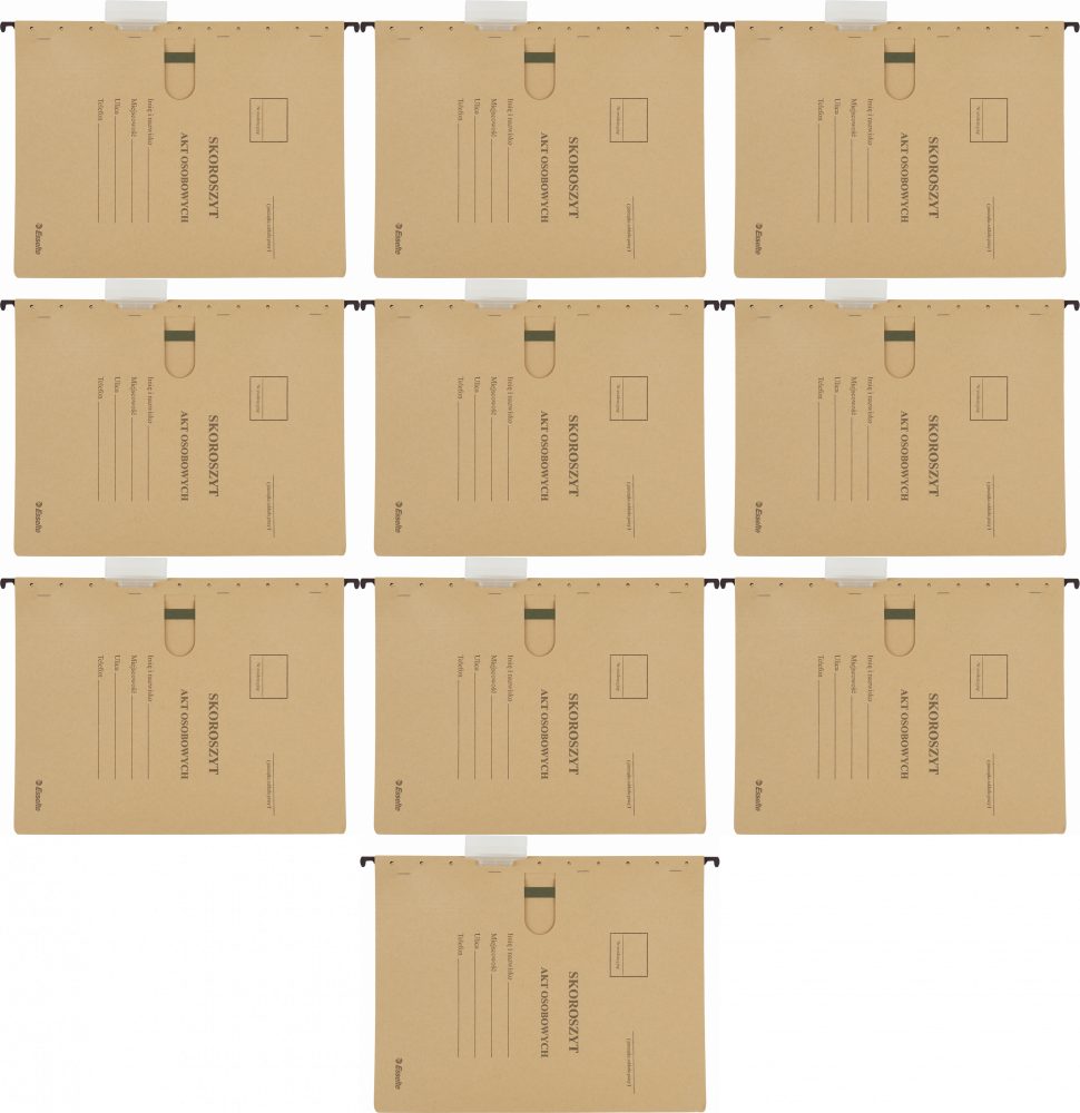 10x Skoroszyt zawieszany Esselte, do akt osobowych, A4, 348x268mm, 230g/m2, brązowy