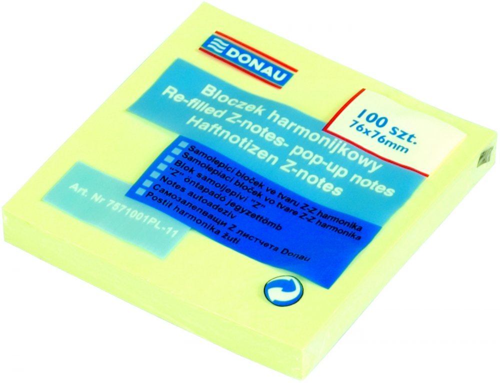 Karteczki samoprzylepne typu "Z" Donau, 76x76mm, 100 karteczek, żółty pastelowy