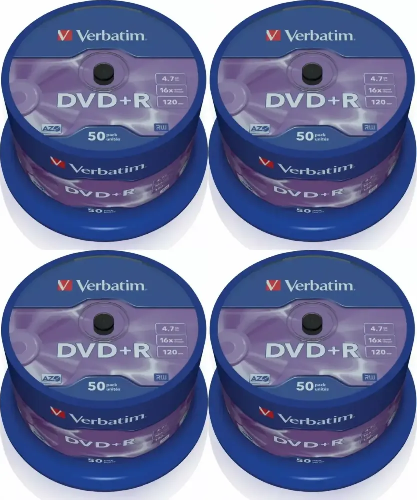 4x Płyta DVD+R Verbatim, jednokrotnego zapisu, 4.7GB, cake box, 50 sztuk