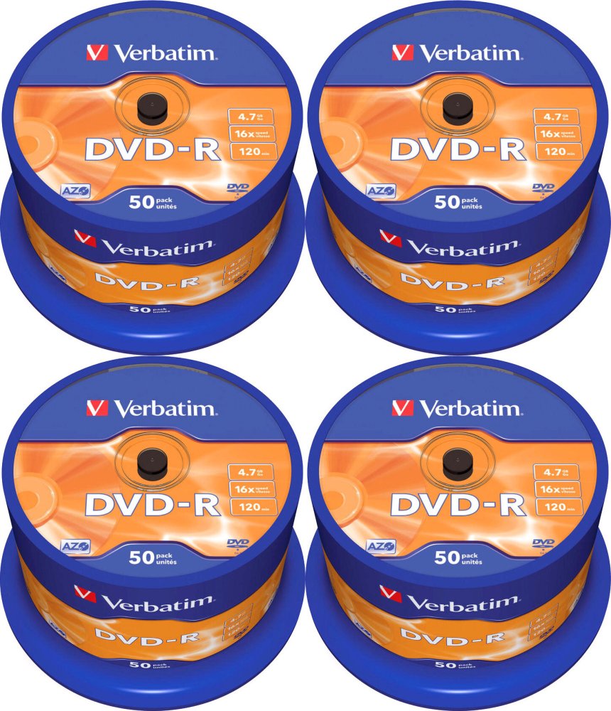 4x Płyta DVD-R Verbatim, do jednokrotnego zapisu, 4.7 GB, cake box, 50 sztuk