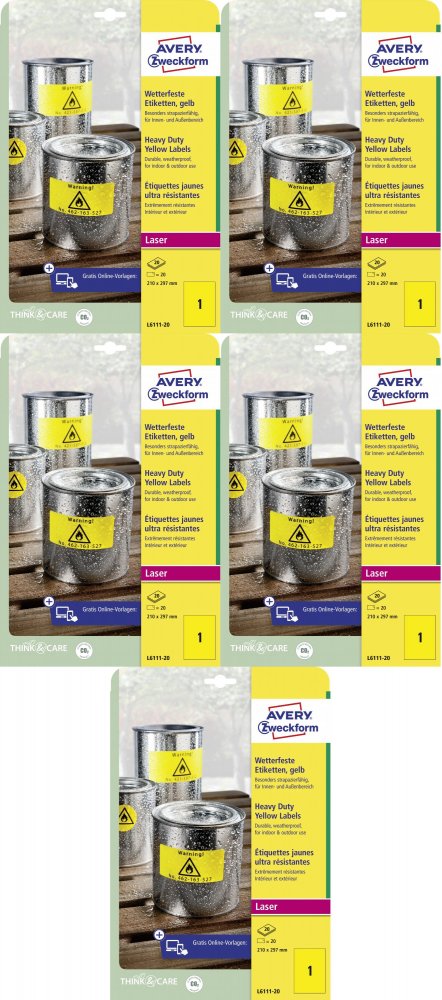 5x Etykiety specjalistyczne Avery Zweckform Heavy Duty, A4, 210x297mm, 20 arkuszy, żółty