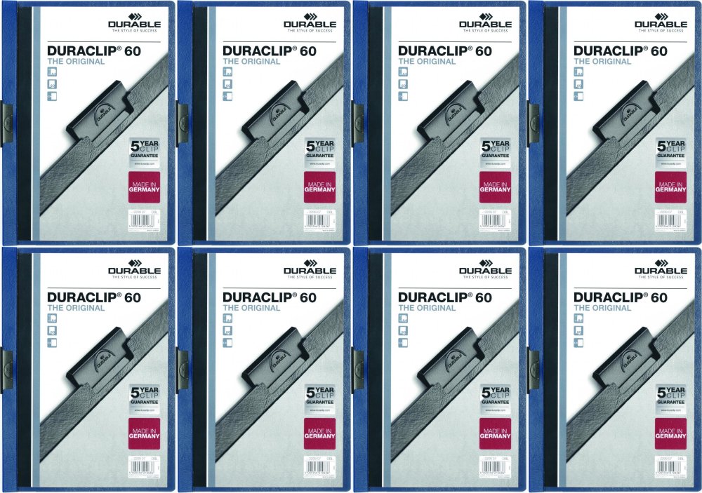 8x Skoroszyt plastikowy z klipsem Durable DuraClip, A4, do 60 kartek granatowy