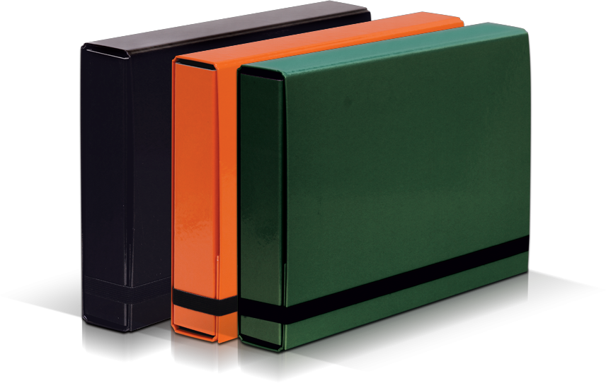 Zestaw: 3x Teczka kartonowa z gumką VauPe Box Caribic, A4, 50mm, czarny, pomarańczowy, zielony