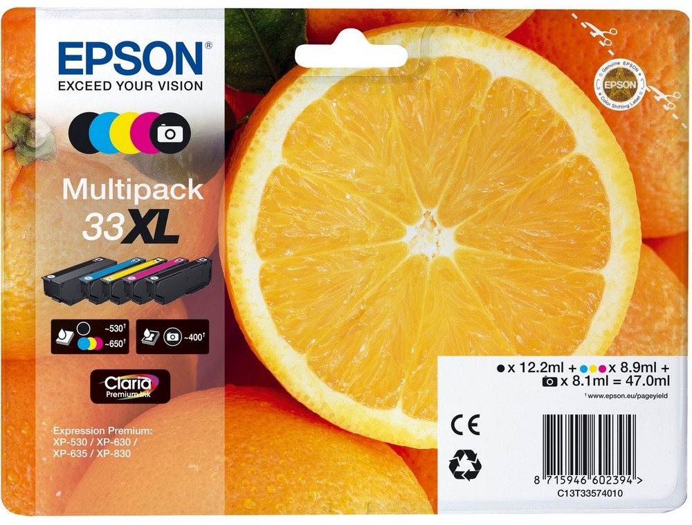 Zestaw tuszy Epson T33XL C13T33574011 (T33574011), 12.2+8.1 + 3x8.9ml, CMYK cyan (błękitny), magenta (purpurowy), yellow (żółty), black (czarny)