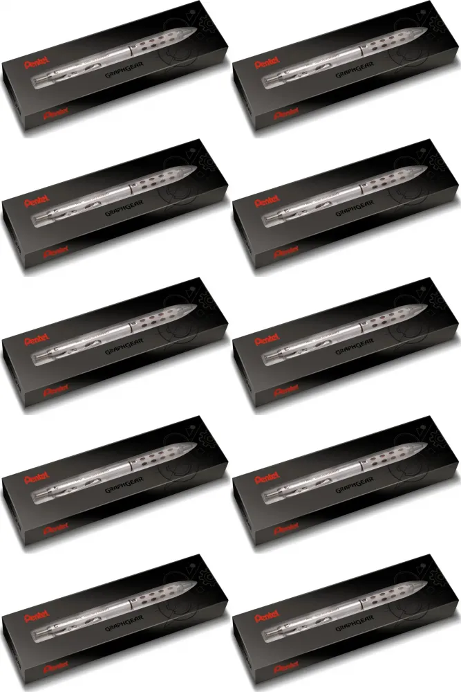 10x Ołówek automatyczny Pentel Graphgear 1000, 0.3mm, z gumką, srebrny