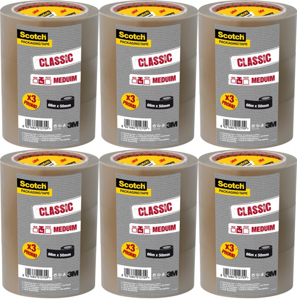 6x Taśma pakowa Scotch, 50mmx66m, hot-melt, 3 sztuki, brązowy