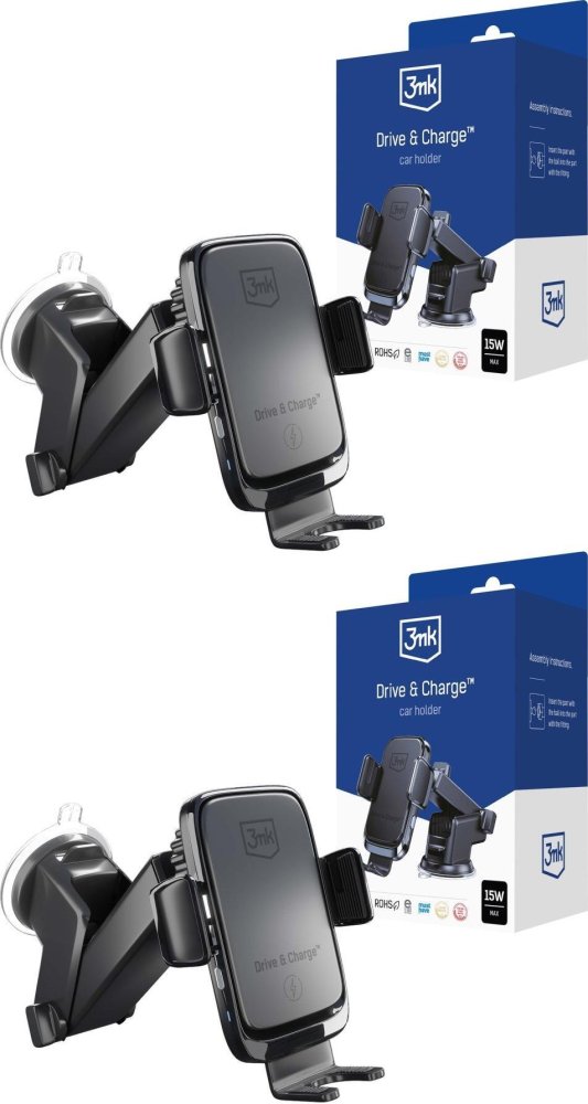 2x Uchwyt na telefon do samochodu 3mk Drive & Charge, z ładowarką indukcyjną 15W, czarny