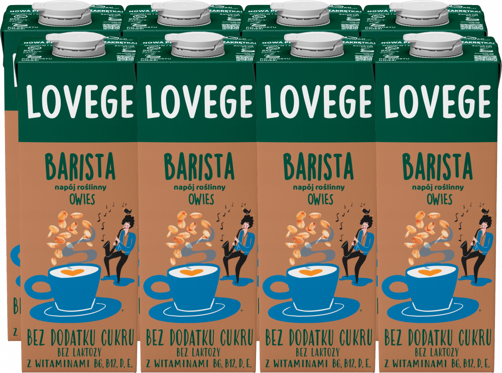 8x Napój owsiany Lovege dla Baristów, bez dodatku cukru, 1l
