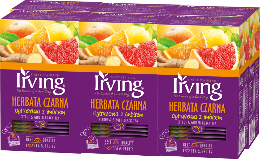 6x Herbata czarna aromatyzowana w kopertach Irving, cytryna i imbir, 20 sztuk x 1.5g