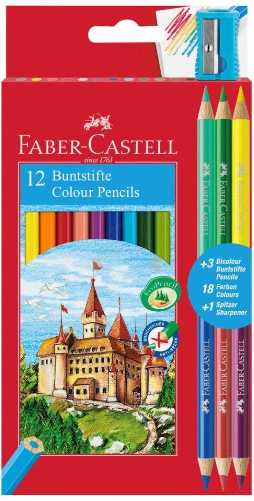Kredki ołówkowe Faber Castell Zamek, 12 sztuk + 3 kredki dwustronne Bicolor + temperówka. mix kolorów