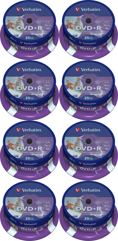 8x Płyta DVD+R Verbatim, do jednokrotnego zapisu, 4.7 GB, cake box, 25 sztuk