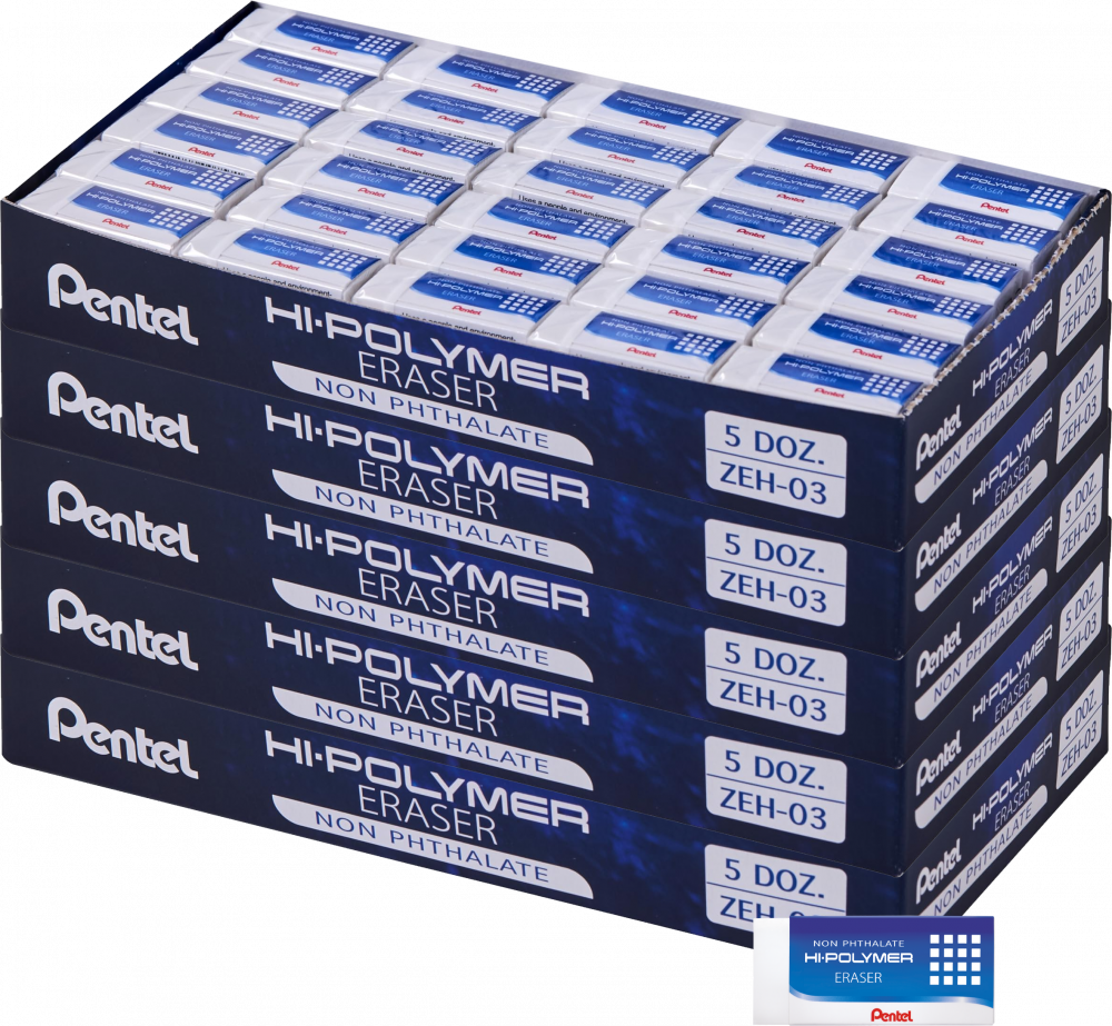 300x Gumka ołówkowa Pentel ZEH Hi-Polymer, 35x16x11.5mm, biały