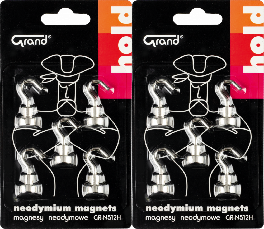 2x Magnesy neodymowe Grand GR-N512H, z haczykiem, 12mm, 5 sztuk, srebrny