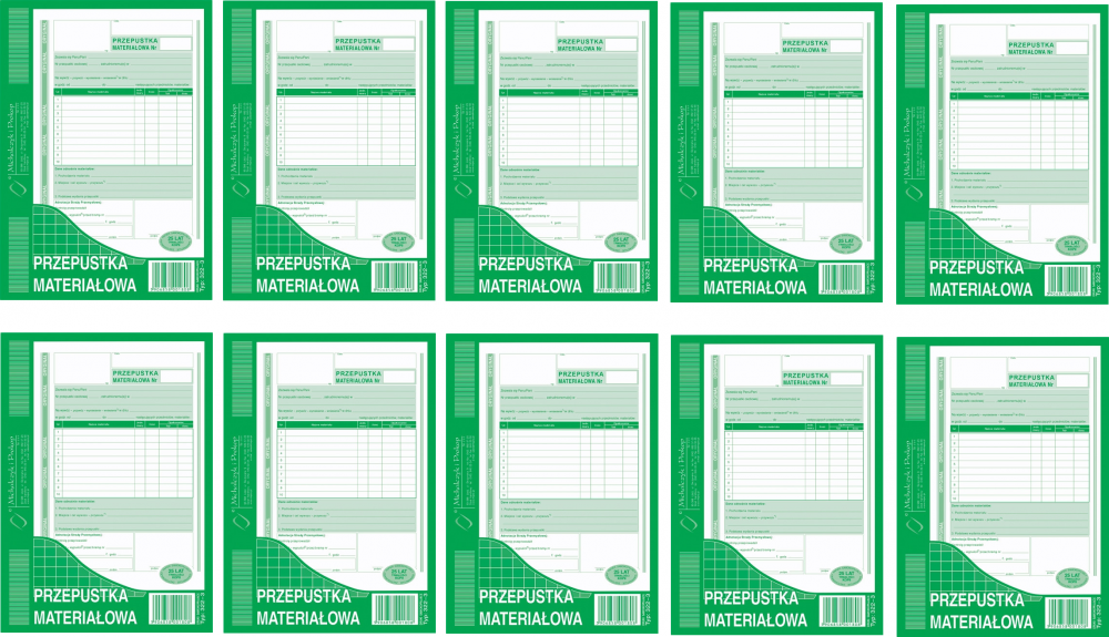 10x Druk akcydensowy przepustka materiałowa MiP 322-3, A5, 80 kartek