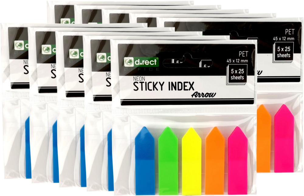 10x zakładki samoprzylepne D.Rect transparentne strzałki, indeksujące, 45x12mm, 5x25 sztuk, mix kolorów