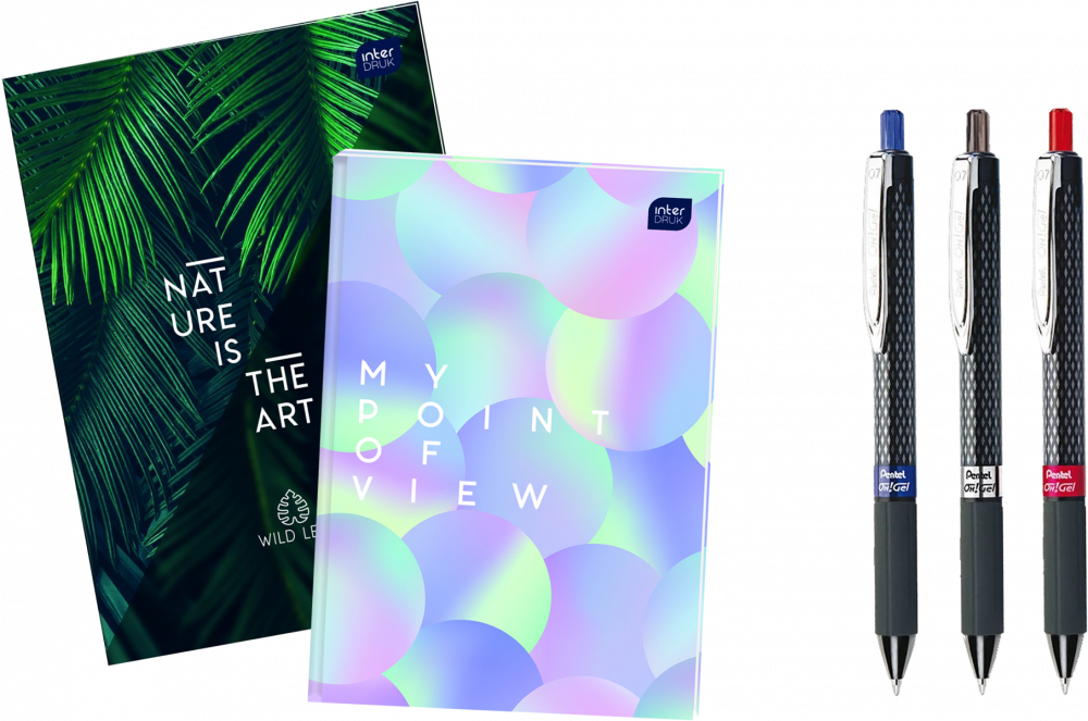 Zestaw 2x Brulion w kratkę Interdruk, A4, twarda oprawa, 96 kartek, mix wzorów + 3x Pióro żelowe automatyczne Pentel, OH! Gel K497