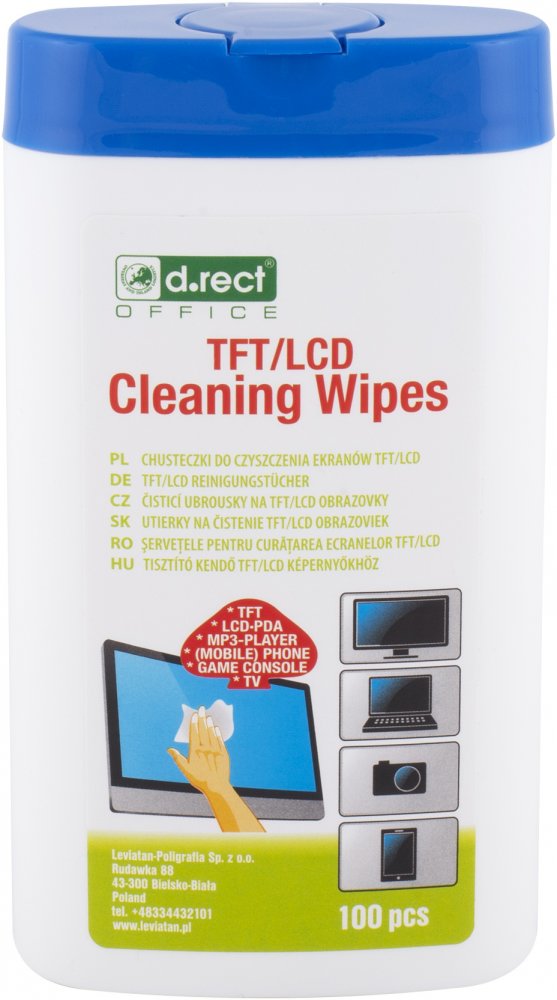 Chusteczki nawilżone do czyszczenia ekranów TFT/LCD D.Rect, tuba, 100 sztuk